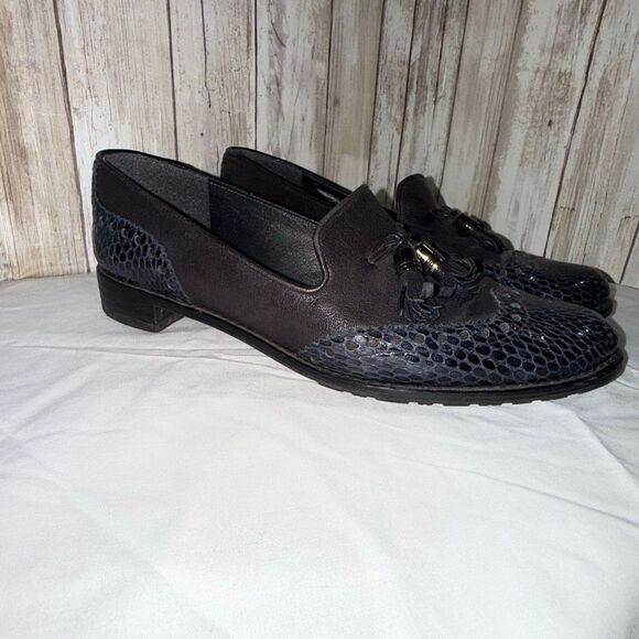 Stuart Weitzman Genuine Leather & Python Embossed Tassel Loafers | Navy Gray Sli - Picture 5 of 16